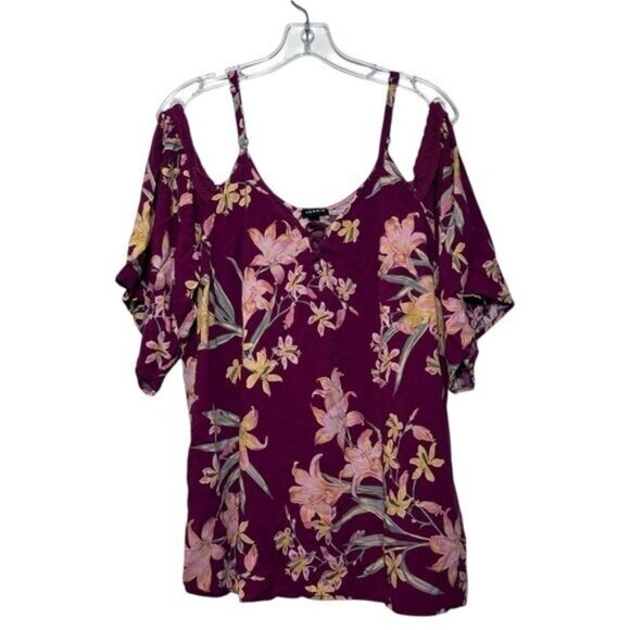 torrid Tops - Torrid 1 / 1X Challis Crochet Trim Cold Shoulder Blouse Pink Floral Lace Up Top